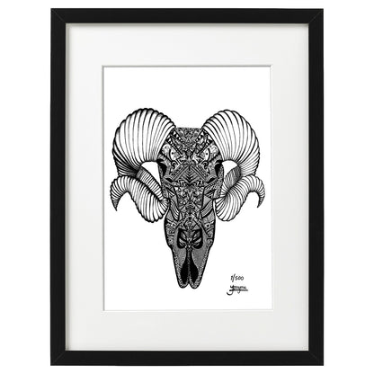 Hand drawn fine art print by uk artist and illustrator Jenniemyma. Black and white ink on paper, originally hand drawn using pen and pencil on paper. Aries the ram astrology and zodiac art motivational and inspiring wall art, limited edition and open editions available, hand signed and numbered depending on size of print.