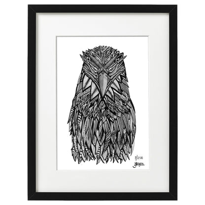 Hand drawn fine art print by uk artist and illustrator Jenniemyma. Black and white ink on paper, originally hand drawn using pen and pencil on paper. cato the eagle bird  art motivational and inspiring wall art, limited edition and open editions available, hand signed and numbered depending on size of print.
