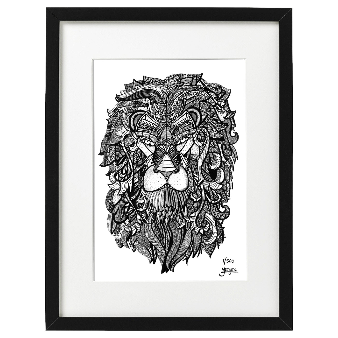 Hand drawn fine art print by uk artist and illustrator Jenniemyma. Black and white ink on paper, originally hand drawn using pen and pencil on paper. Leo the Lion astrology and zodiac art motivational and inspiring wall art, limited edition and open editions available, hand signed and numbered depending on size of print.