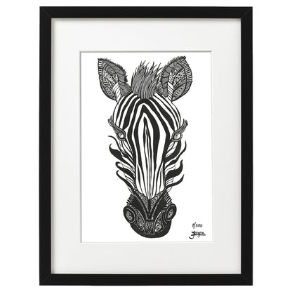 Hand drawn fine art print by uk artist and illustrator Jenniemyma. Black and white ink on paper, originally hand drawn using pen and pencil on paper. Quagga the Zebra safari art motivational and inspiring wall art, limited edition and open editions available, hand signed and numbered depending on size of print.