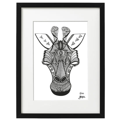 Hand drawn fine art print by uk artist and illustrator Jenniemyma. Black and white ink on paper, originally hand drawn using pen and pencil on paper. Rafiki the Giraffe safari art motivational and inspiring wall art, limited edition and open editions available, hand signed and numbered depending on size of print.