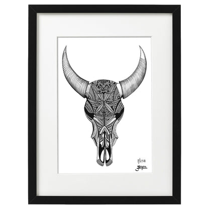 Hand drawn fine art print by uk artist and illustrator Jenniemyma. Black and white ink on paper, originally hand drawn using pen and pencil on paper. Surabhi the cow skull art motivational and inspiring wall art, limited edition and open editions available, hand signed and numbered depending on size of print.