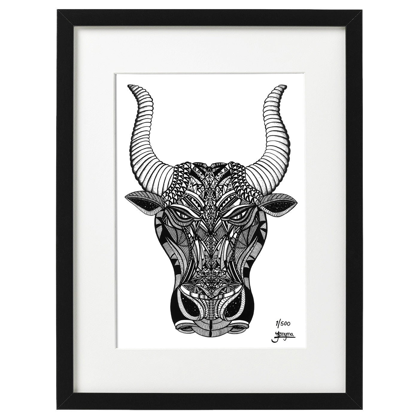 Hand drawn fine art print by uk artist and illustrator Jenniemyma. Black and white ink on paper, originally hand drawn using pen and pencil on paper. Taurus the Bull Astrology and Zodiac art motivational and inspiring wall art, limited edition and open editions available, hand signed and numbered depending on size of print.