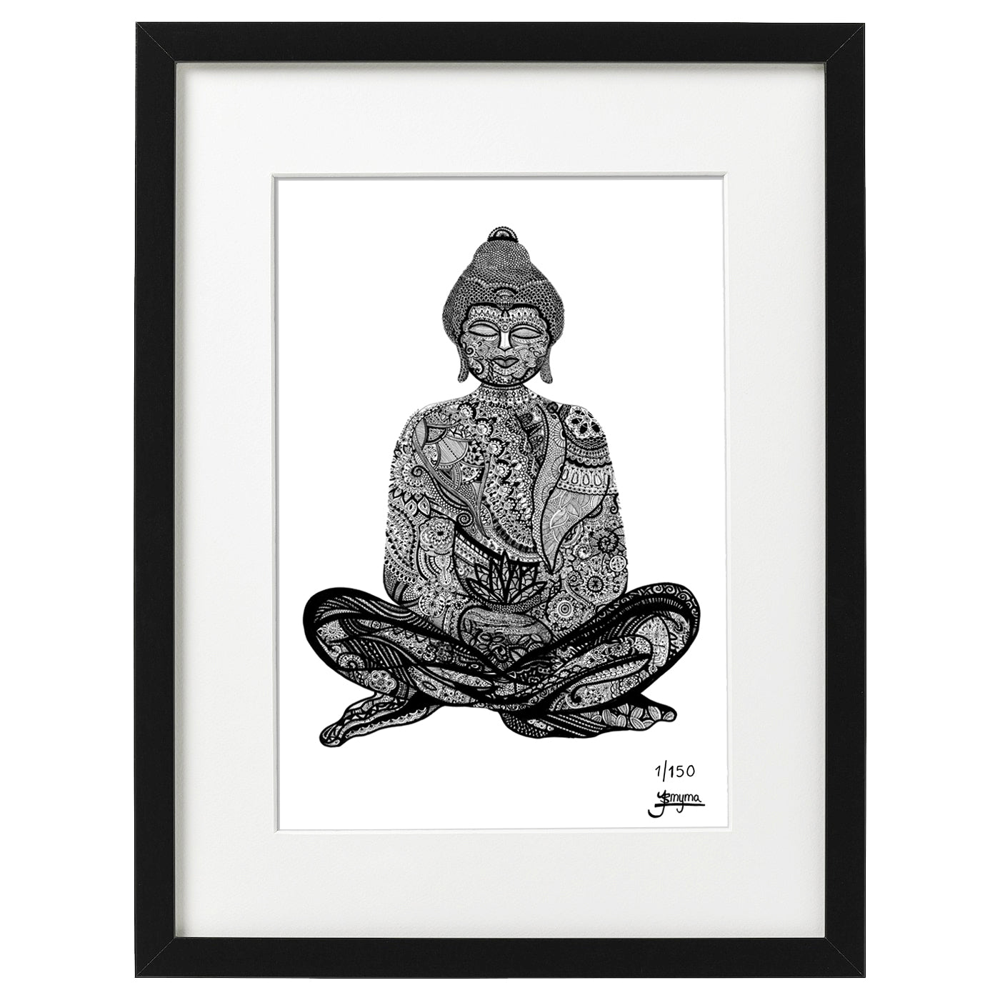 Hand drawn fine art print by uk artist and illustrator Jenniemyma. Black and white ink on paper, originally hand drawn using pen and pencil on paper. Thanhankara the first Buddha art motivational and inspiring wall art, limited edition and open editions available, hand signed and numbered depending on size of print.