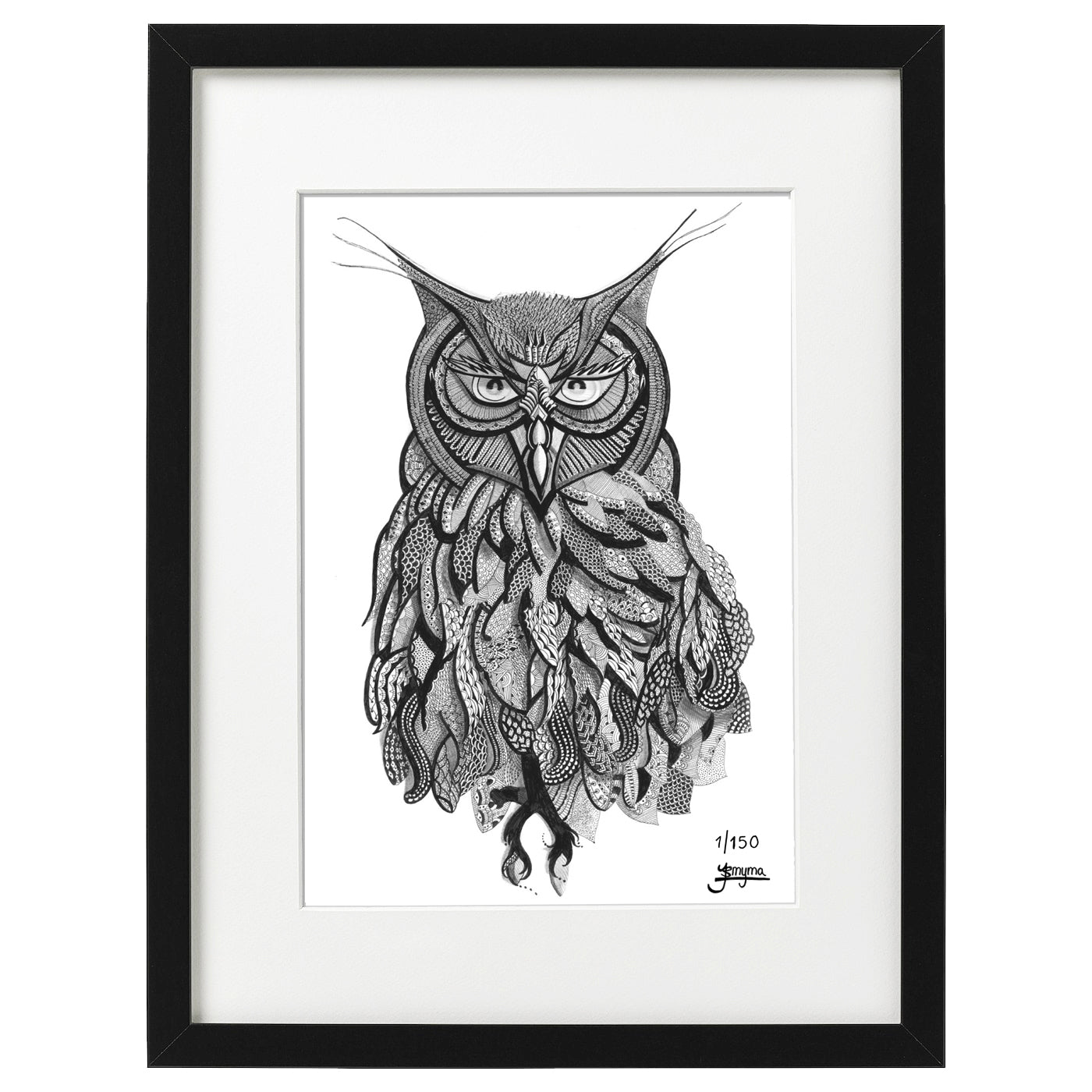 Hand drawn fine art print by uk artist and illustrator Jenniemyma. Black and white ink on paper, originally hand drawn using pen and pencil on paper. Twyla the Owl bird art motivational and inspiring wall art, limited edition and open editions available, hand signed and numbered depending on size of print.