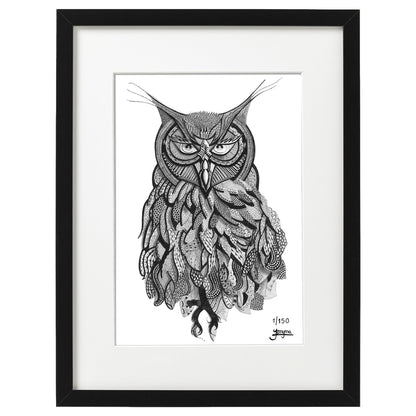 Hand drawn fine art print by uk artist and illustrator Jenniemyma. Black and white ink on paper, originally hand drawn using pen and pencil on paper. Twyla the Owl bird art motivational and inspiring wall art, limited edition and open editions available, hand signed and numbered depending on size of print.